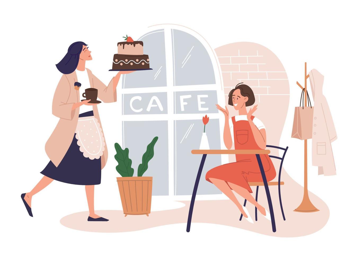 Confectioner, cafe, cake, pastries. The girl waiter takes out a cake and a cup of tea. A table in a cafe. Concept. Vector image.