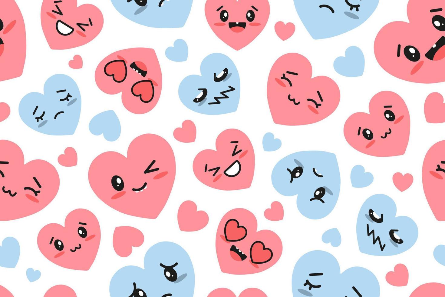 Pink and Blue Hearts Kawaii seamless Pattern. Vector illustration. Valentines day background.