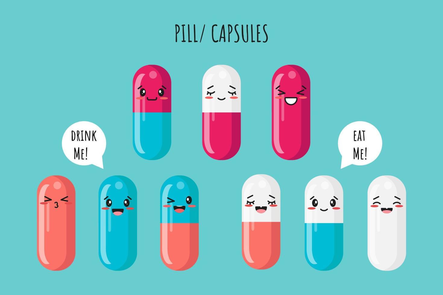 Set of cute Pills or vitamin with cute Kawaii face and quotes. Drink me, Eat me. Children hospital clip art, stickers. Illustration design concept of Healthcare and Medicine. Vector illustration.