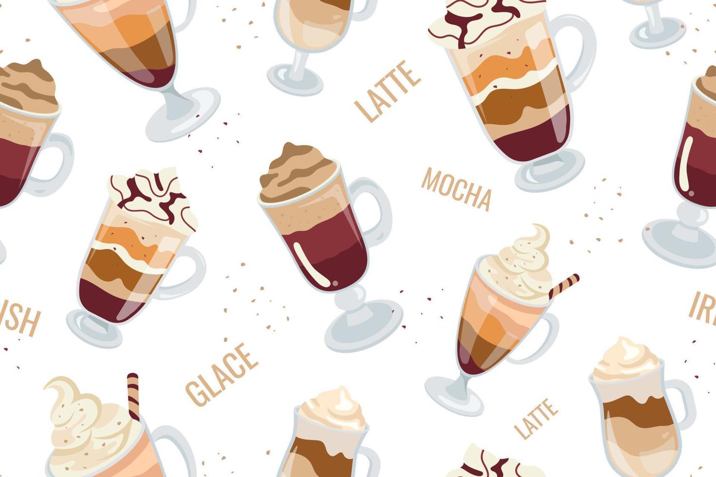 Coffee drinks in glass Mugs, seamless Pattern on white background. Coffee with Cream. Vector illustration.