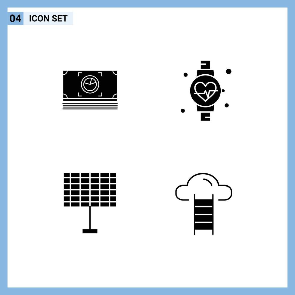 4 Universal Solid Glyphs Set for Web and Mobile Applications money solar dollar heart beat cloud Editable Vector Design Elements