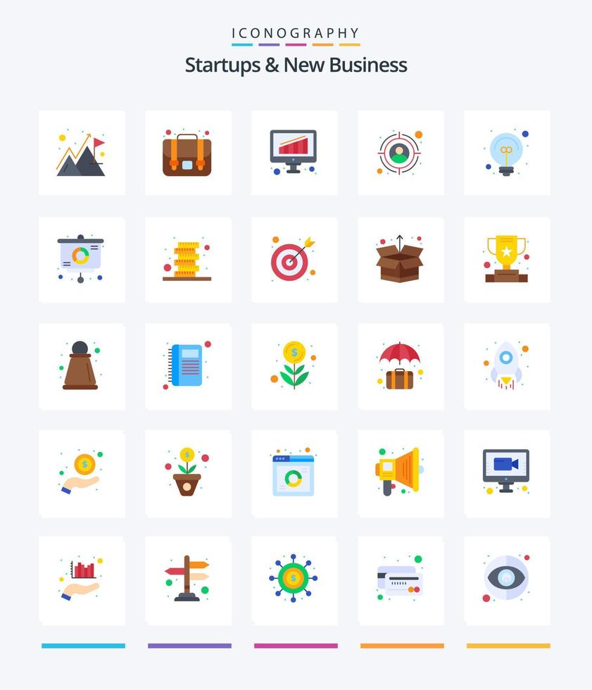 Creative Startups And New Business 25 Flat icon pack  Such As analysis. business idea. business. bulb. target vector