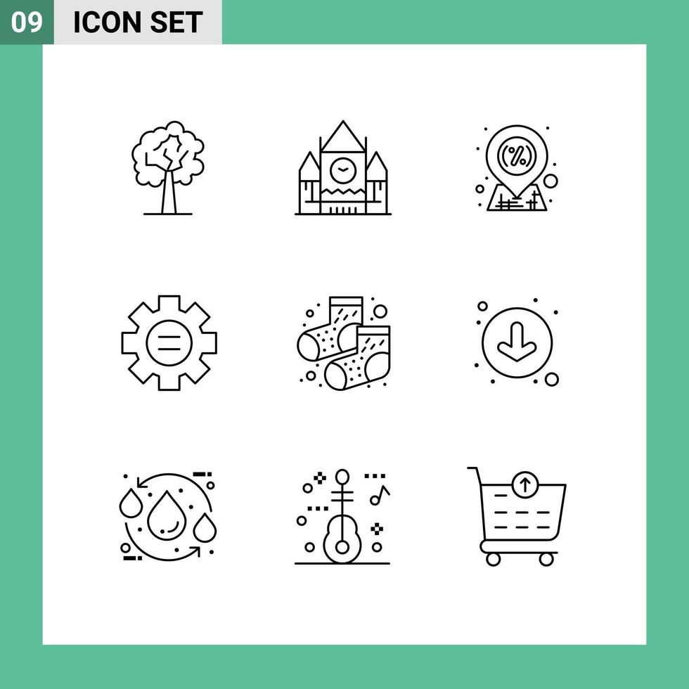Pack of 9 creative Outlines of socks dots location gear education Editable Vector Design Elements