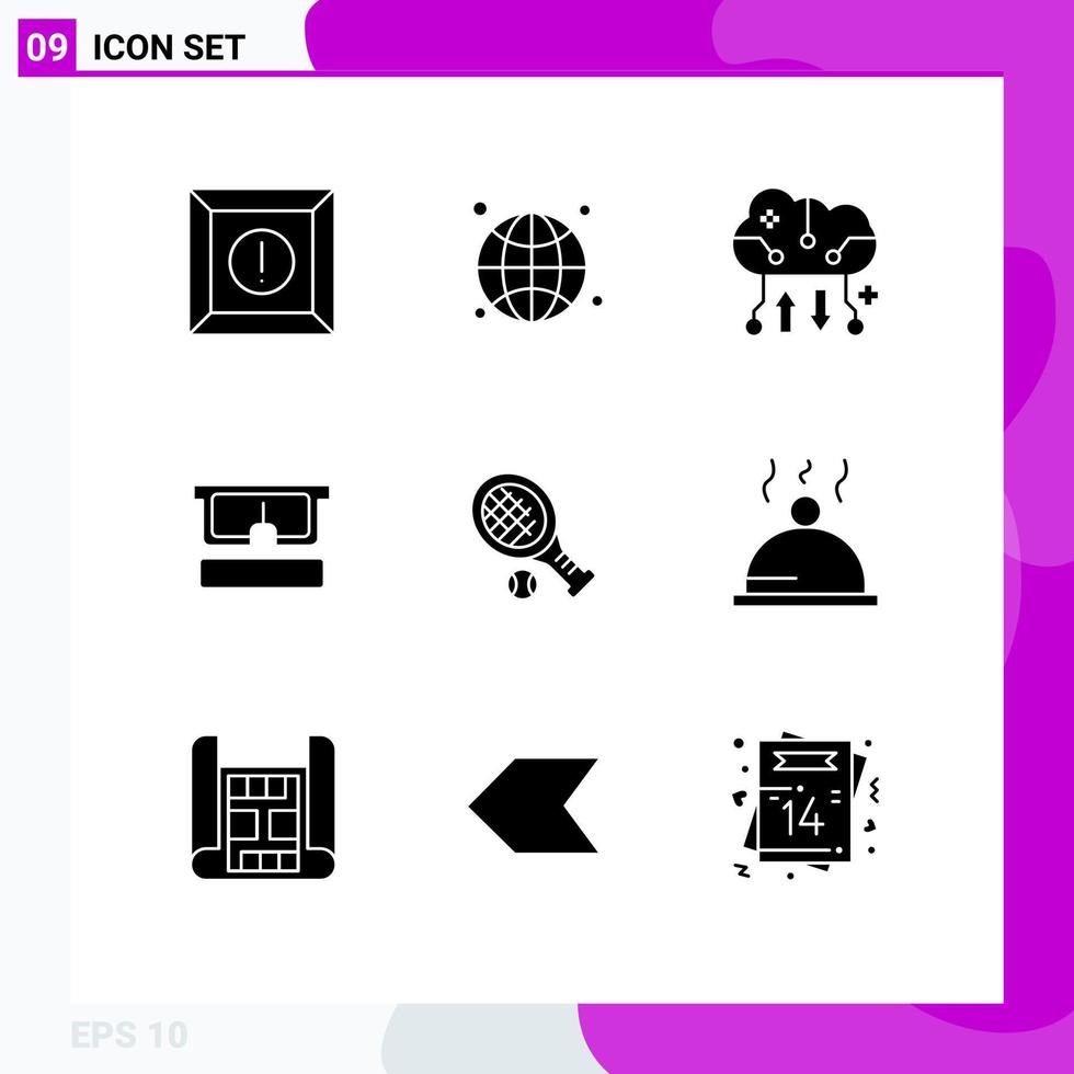 User Interface Pack of 9 Basic Solid Glyphs of racket eye cloud computing medical virtual Editable Vector Design Elements