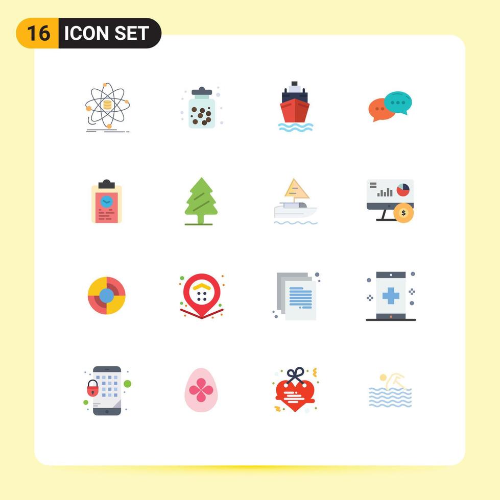 Set of 16 Commercial Flat Colors pack for clipboard conversation food chatting transport Editable Pack of Creative Vector Design Elements