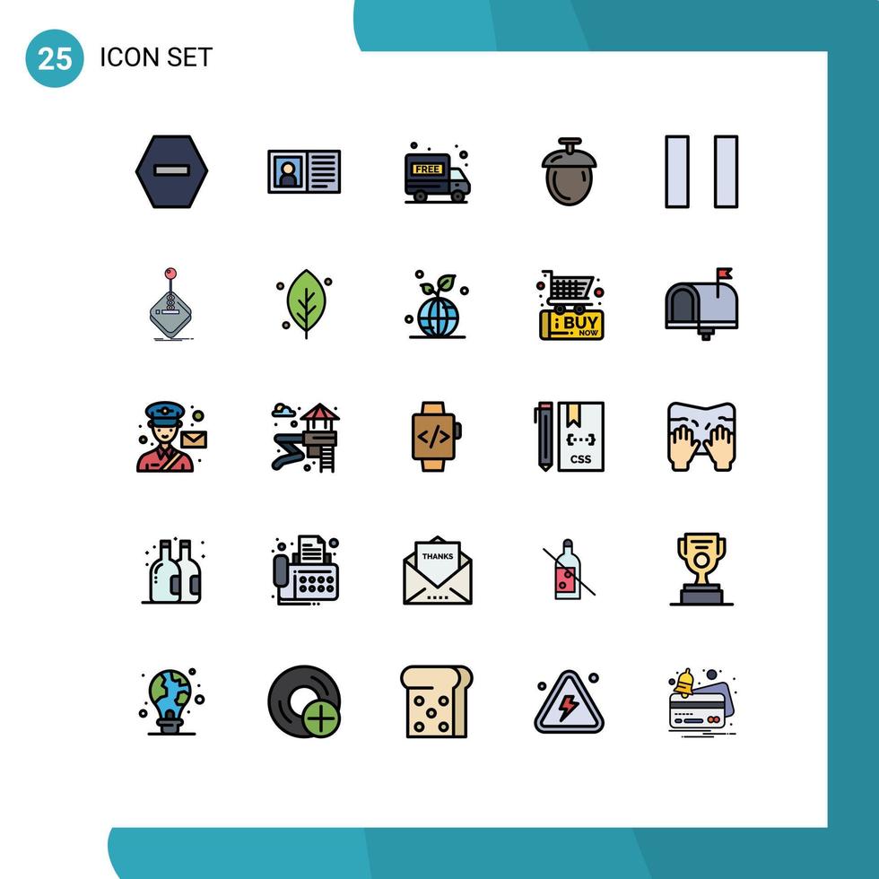 Group of 25 Filled line Flat Colors Signs and Symbols for gaming arcade delivery truck pause nuts Editable Vector Design Elements