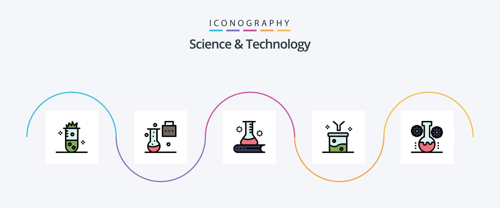 Science And Technology Line Filled Flat 5 Icon Pack Including data filtering. big data and science concept. science folder. scientific. science information vector