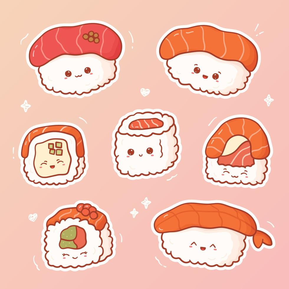 Set of kawaii sushi and rolls. Collection of cute stickers asian food with funny and happy face in cartoon style. Vector illustration