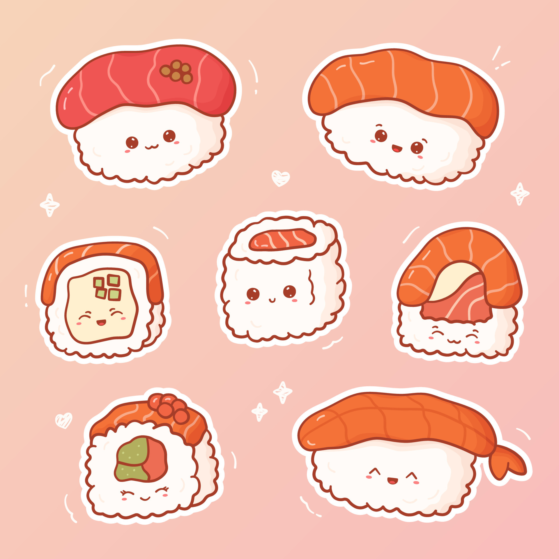 Set of kawaii sushi and rolls. Collection of cute stickers asian ...