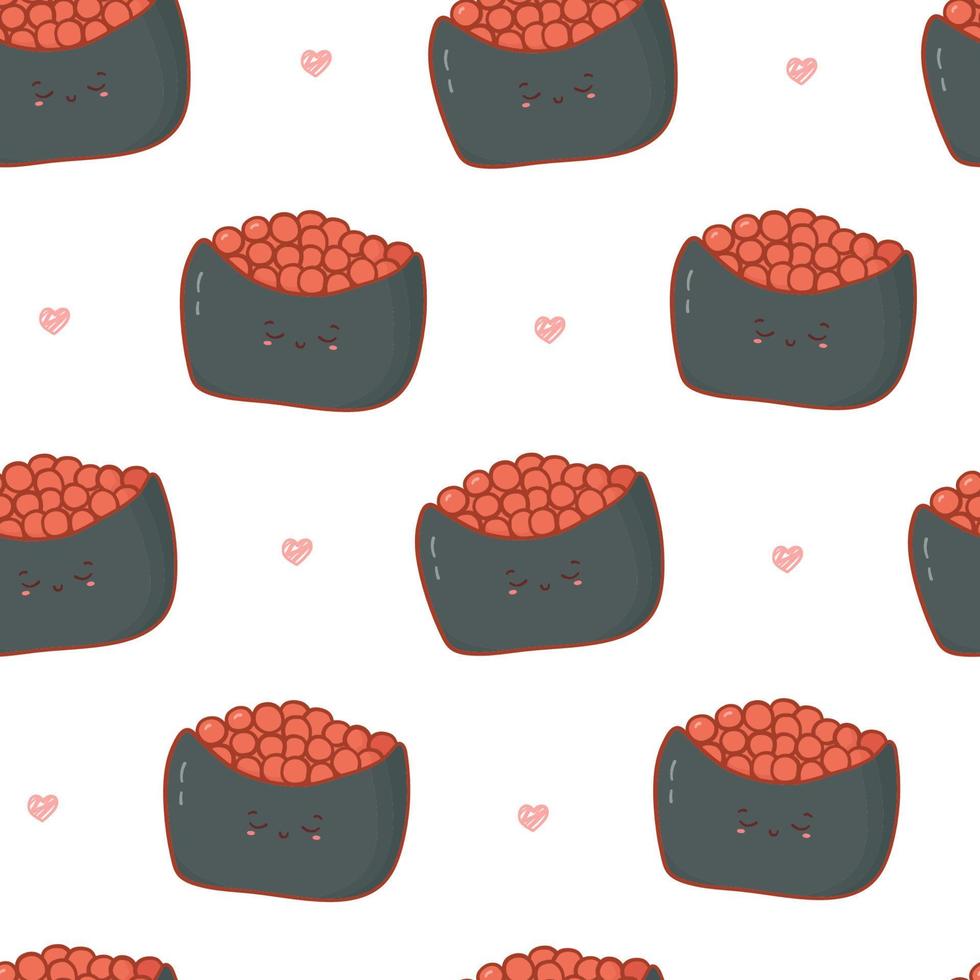 patrones sin fisuras con dibujos animados kawaii sushi con caviar. linda impresión de anime para estuche de teléfono, fondos, moda, papel de envolver y textil. ilustración vectorial vector