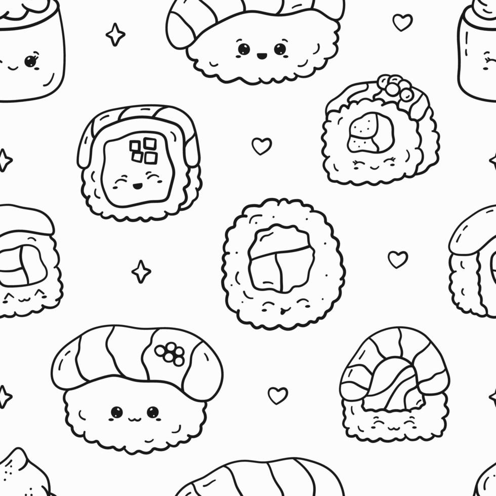 Seamless pattern with doodle kawaii sushi. Cute anime print for phone case, backgrounds, fashion, wrapping paper and textile. Vector Illustration