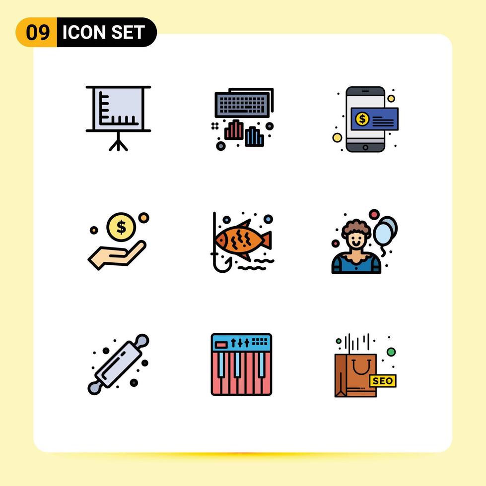 Set of 9 Modern UI Icons Symbols Signs for fishing help dollar charity money Editable Vector Design Elements