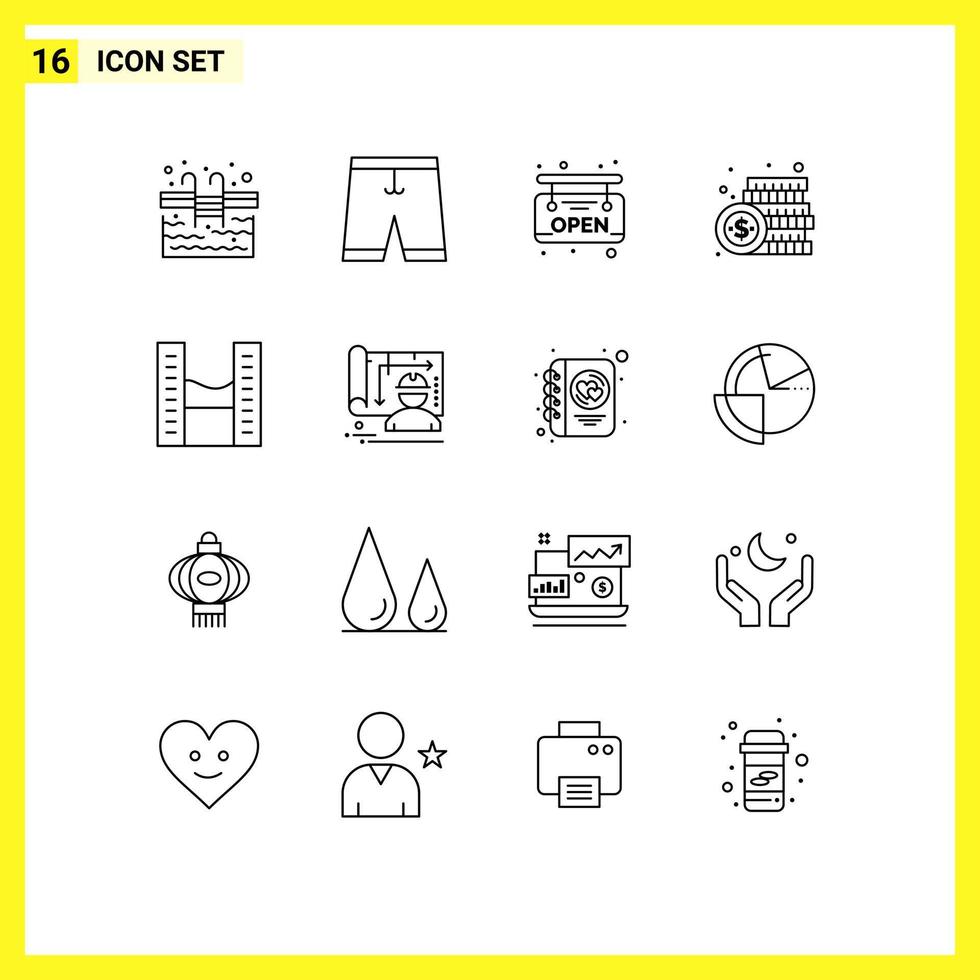 16 User Interface Outline Pack of modern Signs and Symbols of buildings money shorts dollar coin Editable Vector Design Elements