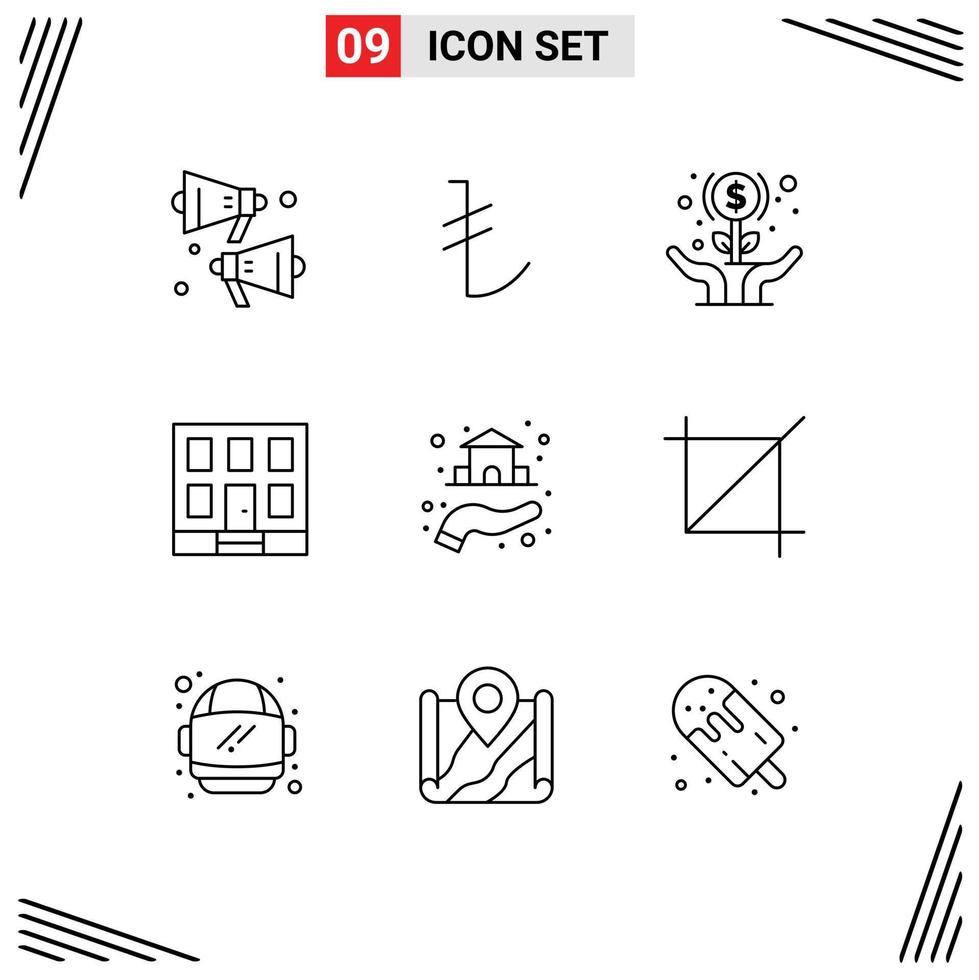 Pack of 9 Modern Outlines Signs and Symbols for Web Print Media such as property estate growth construction home Editable Vector Design Elements