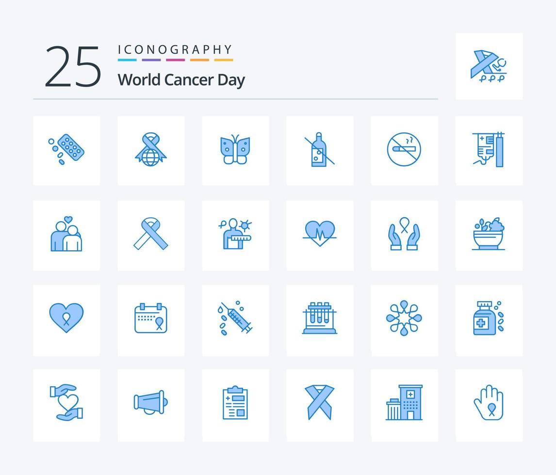 World Cancer Day 25 Blue Color icon pack including no smoking. whiskey. butterfly. no. alcohol vector