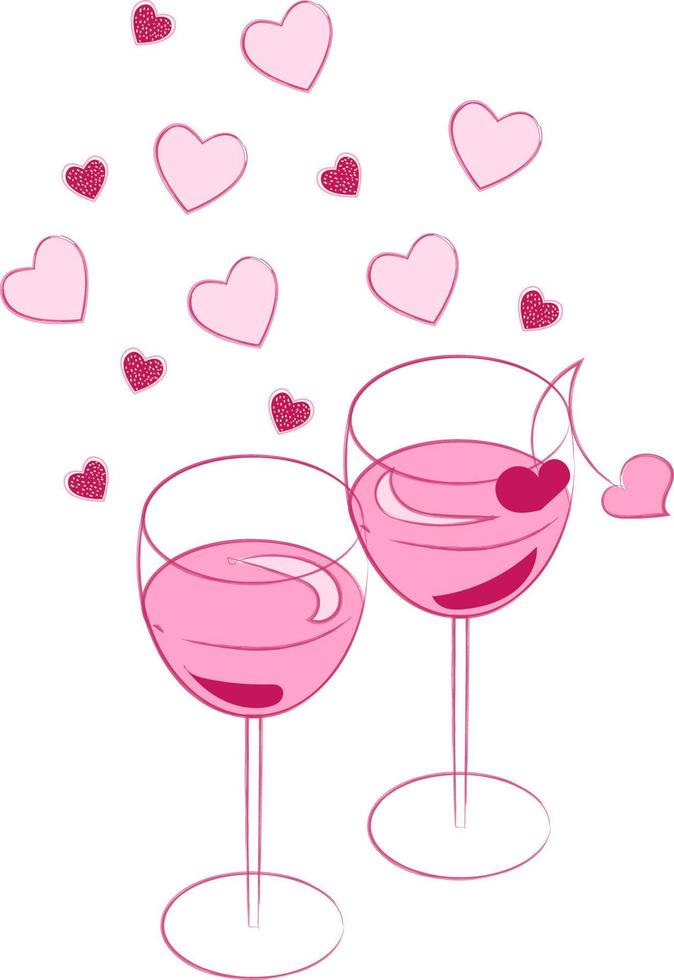 Hand drawn pair of wine glasses with drink Valentine day themed with hearts and cherries vector