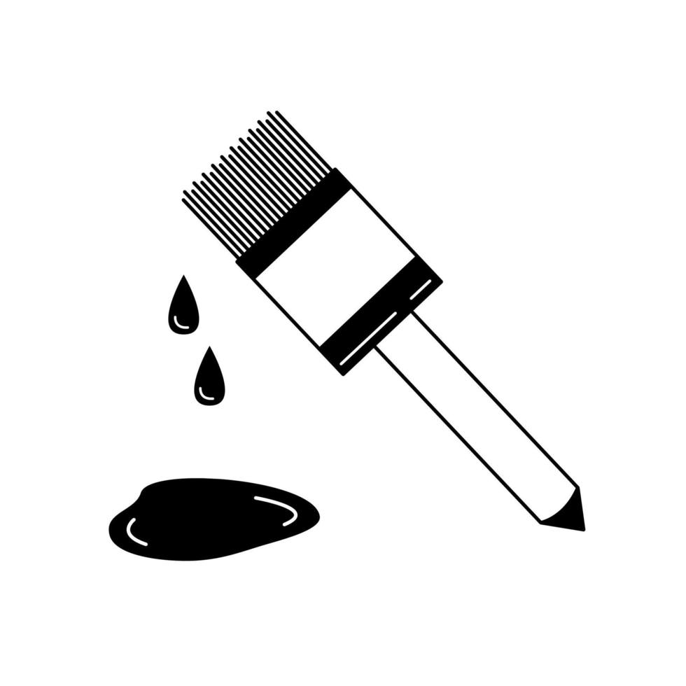 Paint brush icon. Vector illustration. Drops and puddle of paint. Line drawing of work painting tool for repair of wall.
