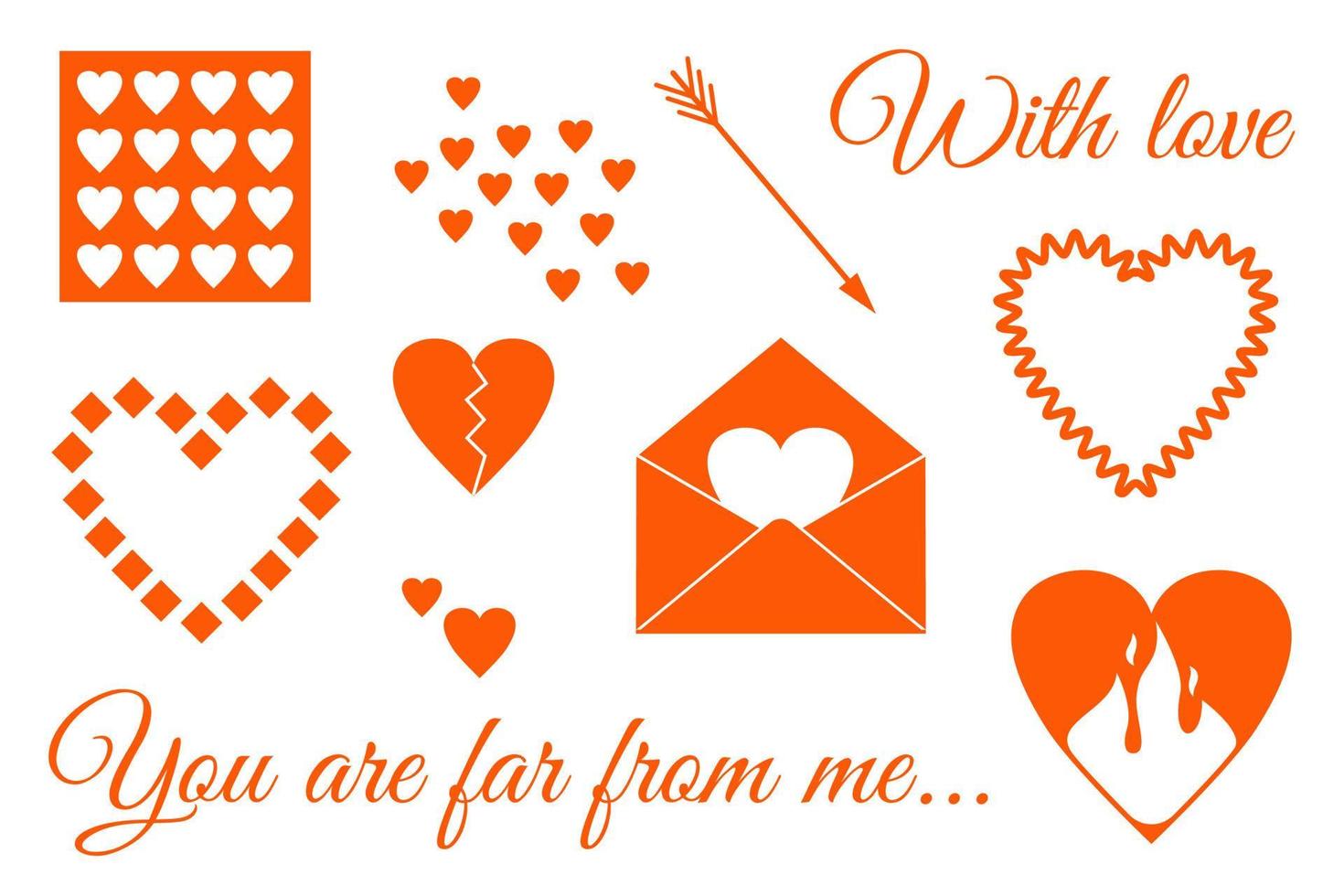 Set of romantic elements for Valentine's Day. Envelope with heart, arrow, fire. Icons of symbol of love. Vector illustration of different hearts. Text design.