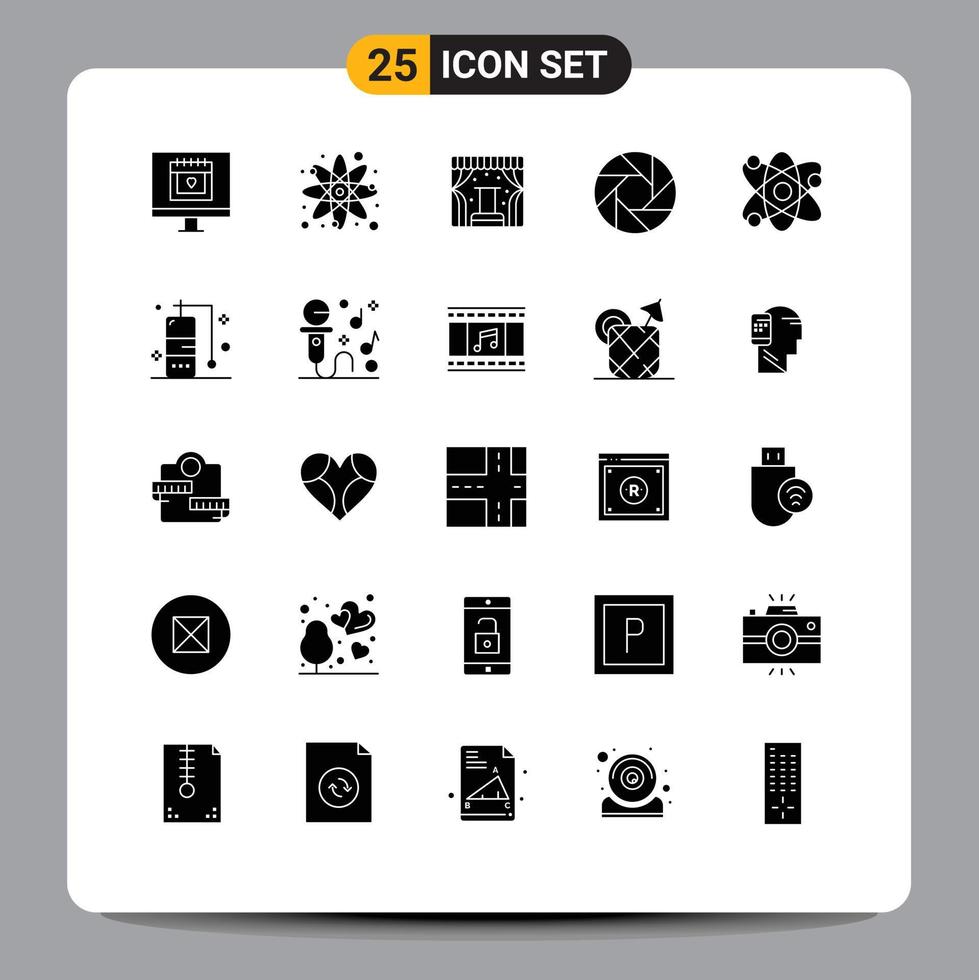 Set of 25 Commercial Solid Glyphs pack for science focus atom camera trade Editable Vector Design Elements