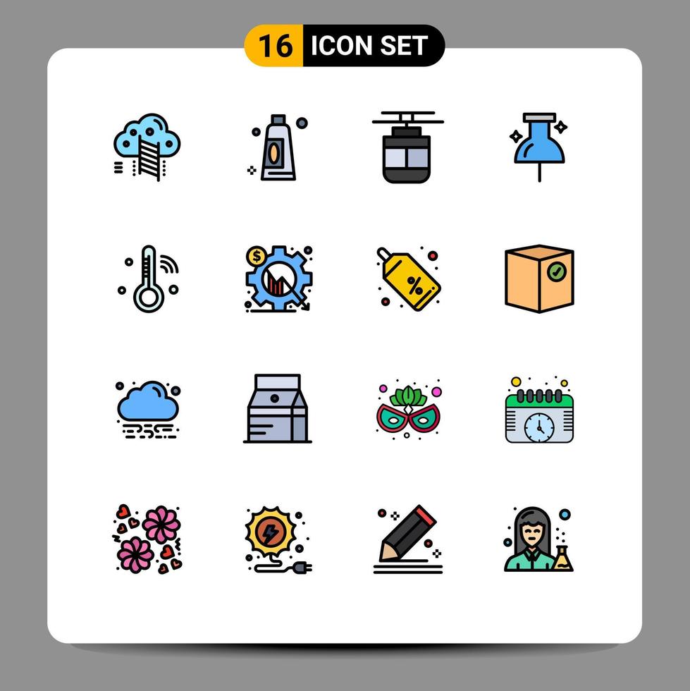 conjunto de líneas llenas de color plano de interfaz móvil de 16 pictogramas de temperatura Internet de las cosas ubicación de pin de esquema elementos de diseño de vectores creativos editables