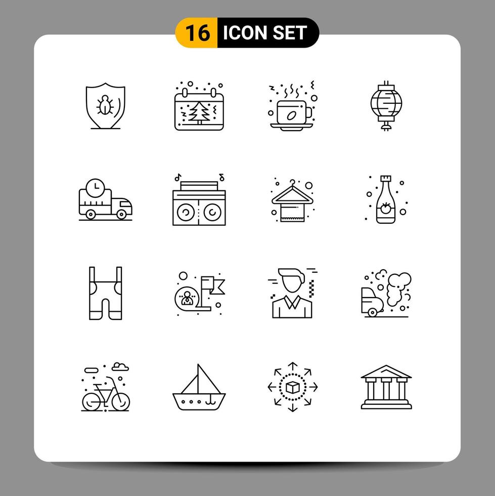 16 User Interface Outline Pack of modern Signs and Symbols of chinese lantern tree hot cup Editable Vector Design Elements