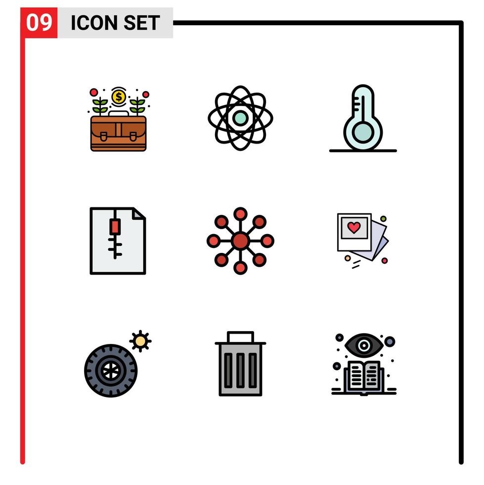 9 Universal Filledline Flat Color Signs Symbols of organization business laboratory zip archive Editable Vector Design Elements