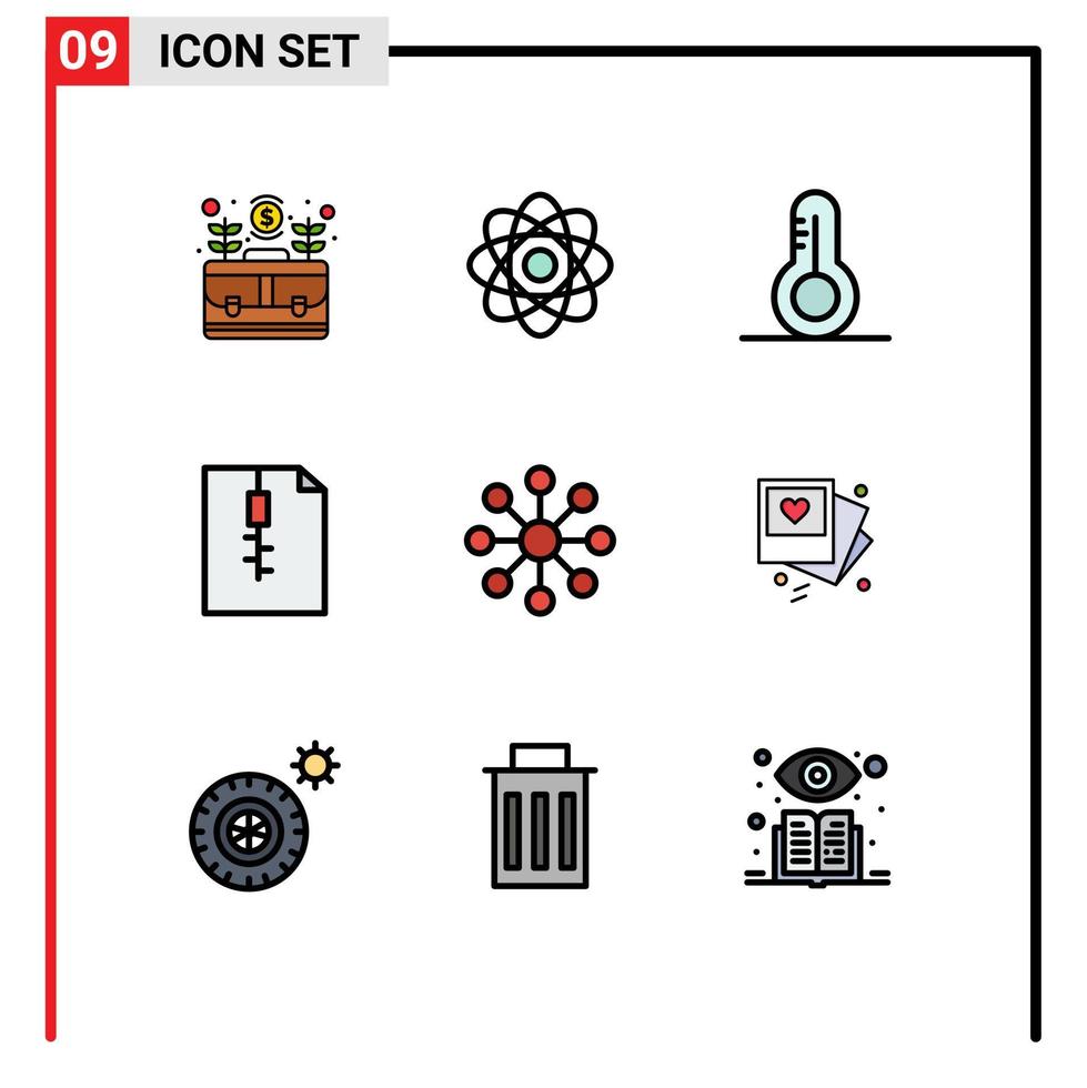 9 símbolos de signos de color plano de línea de llenado universal de organización empresarial laboratorio archivo zip elementos de diseño vectorial editables vector