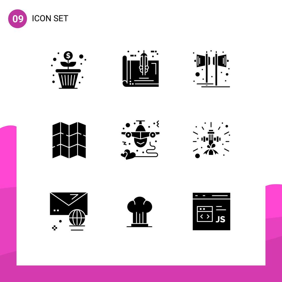 Editable Vector Line Pack of 9 Simple Solid Glyphs of airplane location plan map sound Editable Vector Design Elements