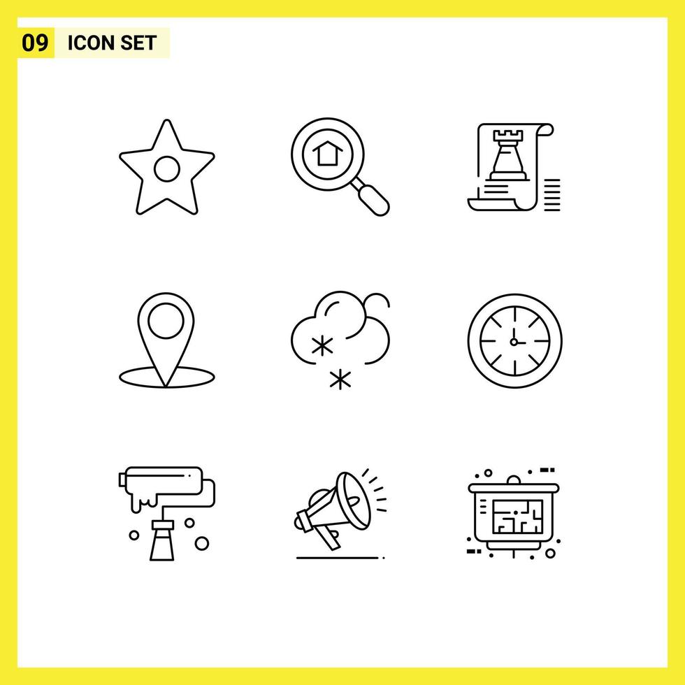 Pack of 9 Modern Outlines Signs and Symbols for Web Print Media such as watch snow tower forecast map Editable Vector Design Elements