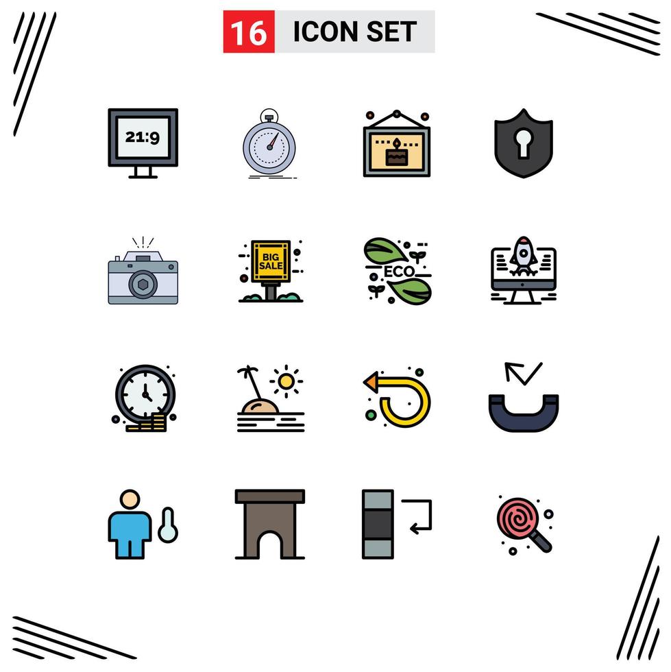 Group of 16 Modern Flat Color Filled Lines Set for capture camera birthday shield access Editable Creative Vector Design Elements