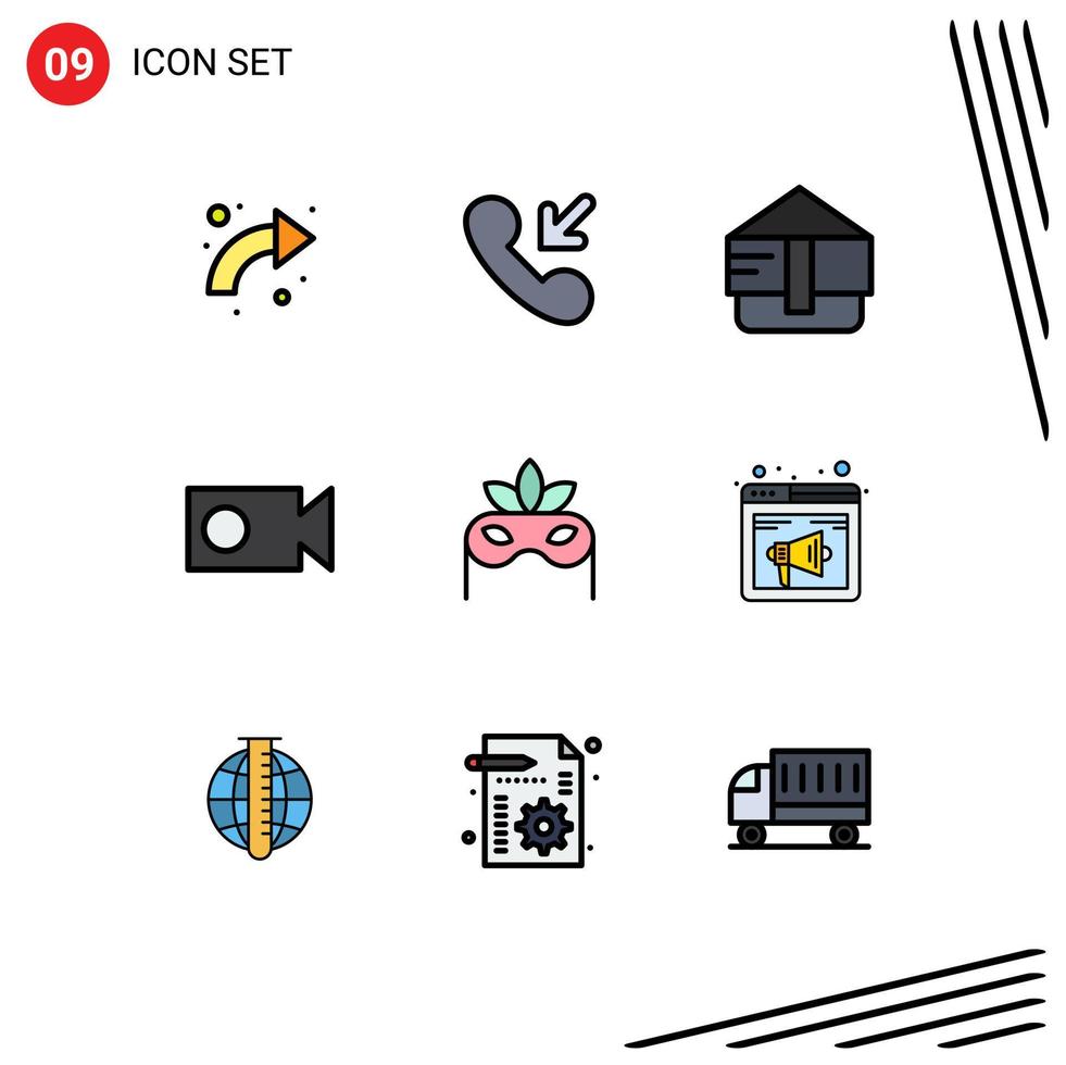 9 User Interface Filledline Flat Color Pack of modern Signs and Symbols of browser mask bag costume record Editable Vector Design Elements