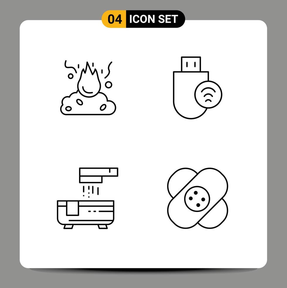 Line Pack of 4 Universal Symbols of burn stick pollution devices bathroom Editable Vector Design Elements