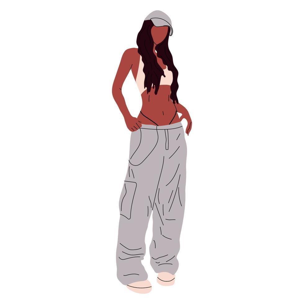 Beautiful young woman in a fashionable clothes style 90s 2000s  in full growth posing . Hand drawn sketch. Vector illustration.