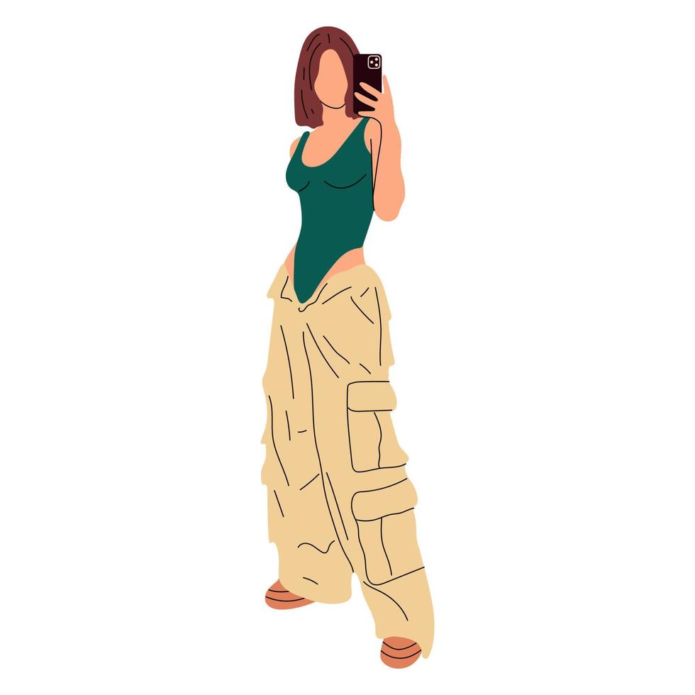 Beautiful young woman in a fashionable clothes style 90s 2000s  in full growth posing  takes off herself on a smartphone. Hand drawn sketch. Vector illustration.