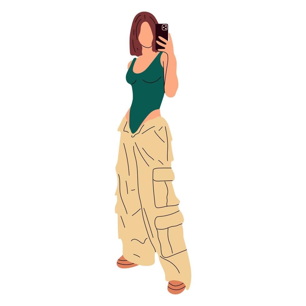 hermosa mujer joven en un estilo de ropa de moda 90s 2000s en pleno crecimiento posando se quita en un teléfono inteligente. boceto dibujado a mano. ilustración vectorial vector