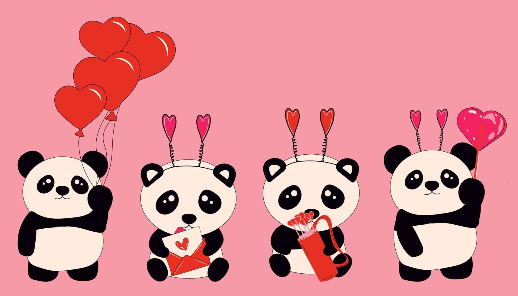 Set of Cute little sitting pandas holds  hearts. Cartoon animal character for kids cards, baby shower, invitation, poster, t-shirt composition, house interior. Vector stock illustration