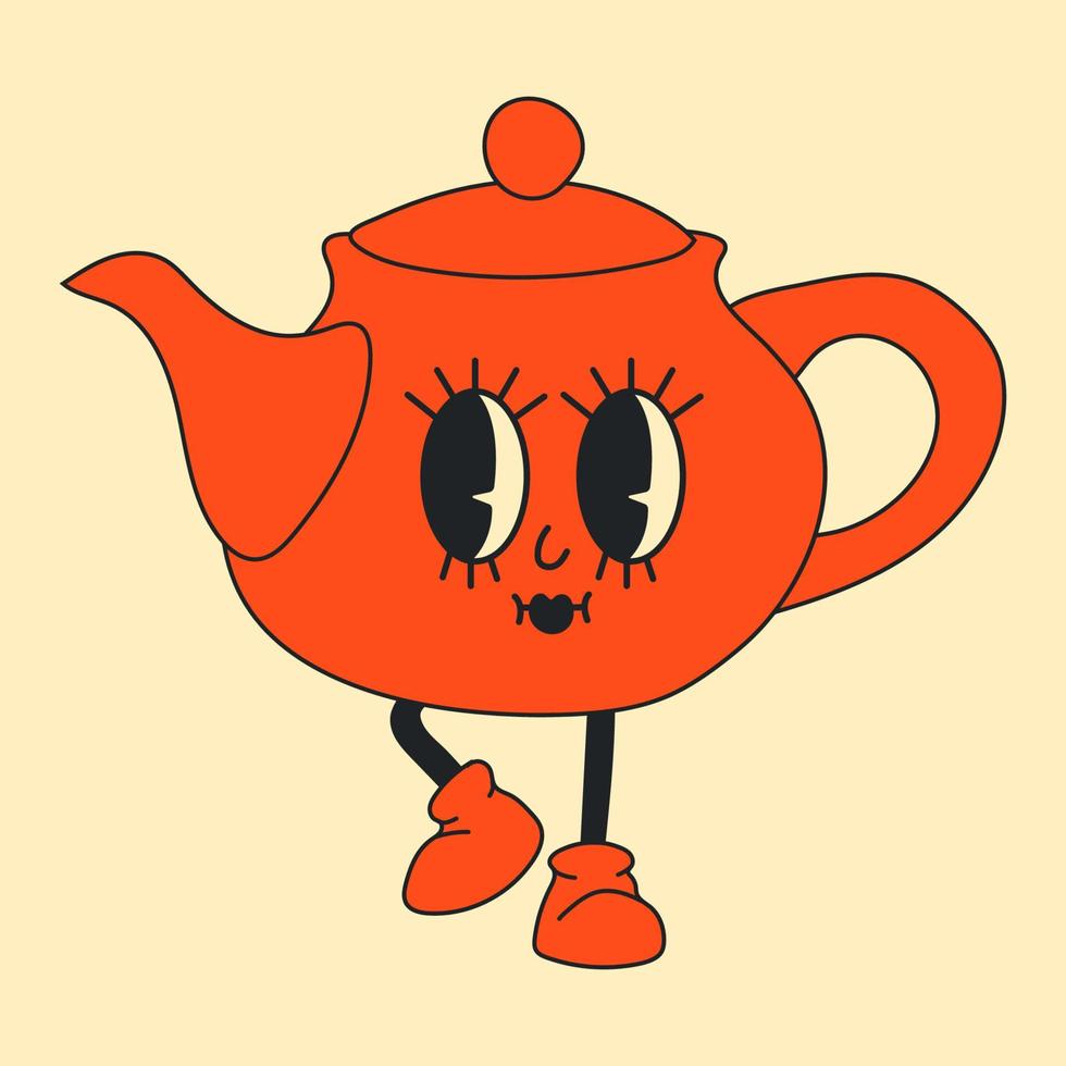 Kettle in retro cartoon style illustration, vintage character vector art collection