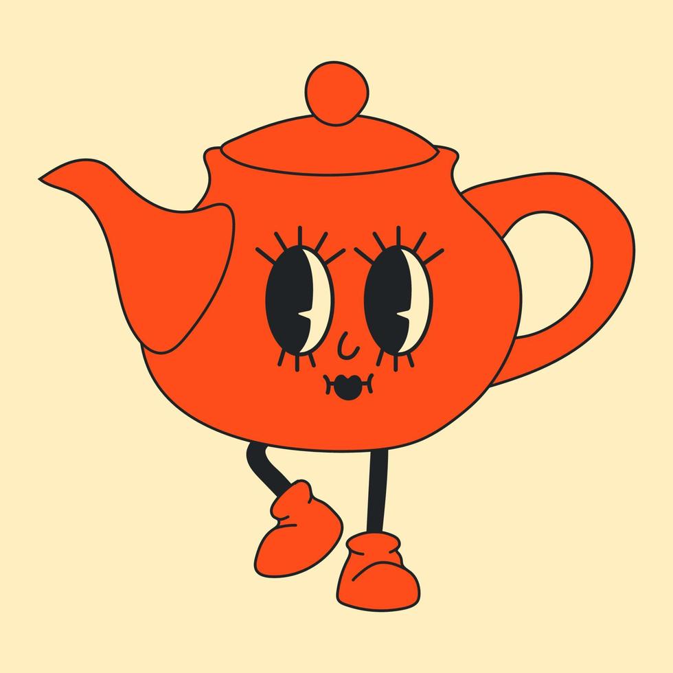 Kettle in retro cartoon style illustration, vintage character vector