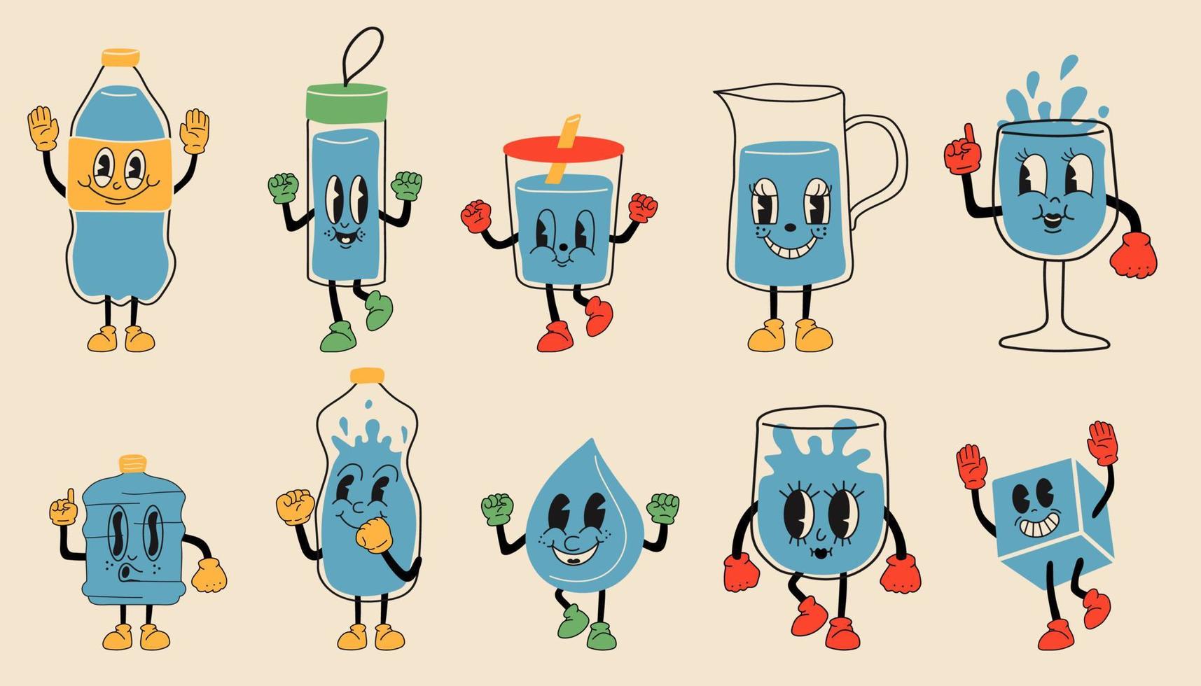 garabatear bebe más agua. adorables y graciosas mascotas de agua dibujadas a mano en taza, vaso y botella, los rituales saludables beben más conjunto de ilustraciones de vectores de agua. jarra, taza con pajita, termo con caras