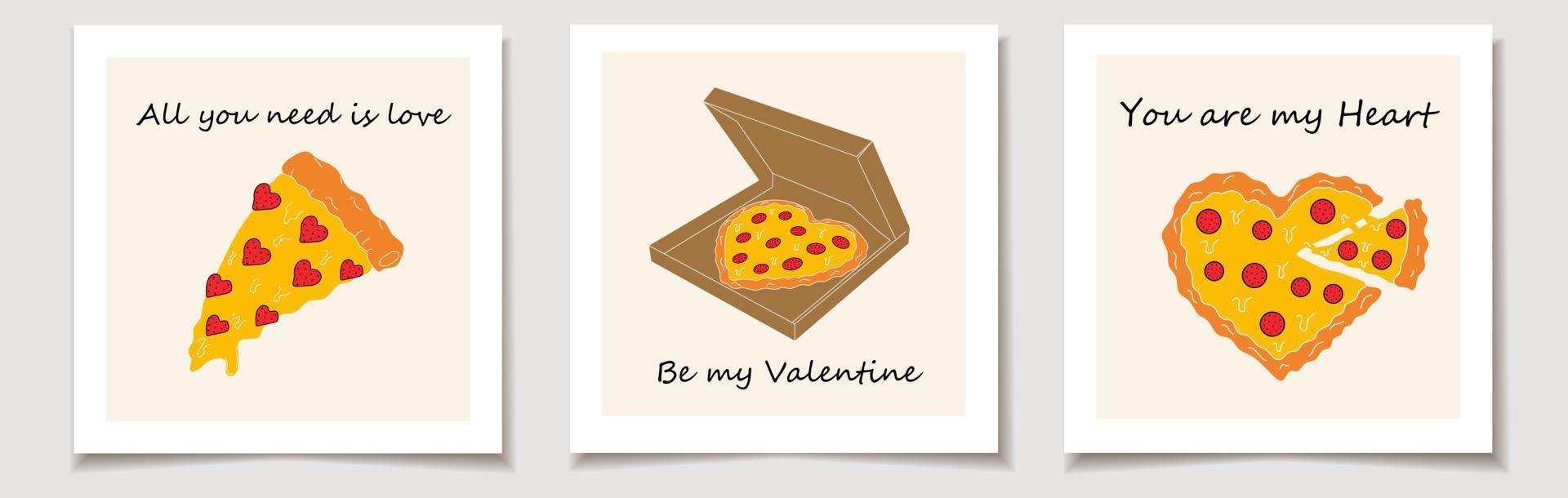 juego de tarjetas de san valentín con un juego de tres pizzas en forma de corazón. amor, día de san valentín. vector