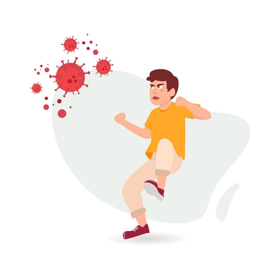 Illustration about fighting the coronavirus. A boy is fighting the covid-19 design concept vector