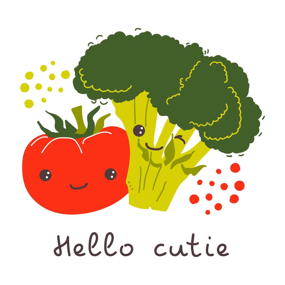 Tomato and broccoli. Card with text Hello cutie. Baby print. Vector ripe vegetables. Perfect for printing on the fabric, design package and cover