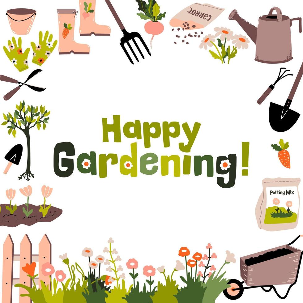 Happy Gardening card. Garden tools, wheelbarrow, watering can, plants, vegetables,  flowers.   Vector illustration