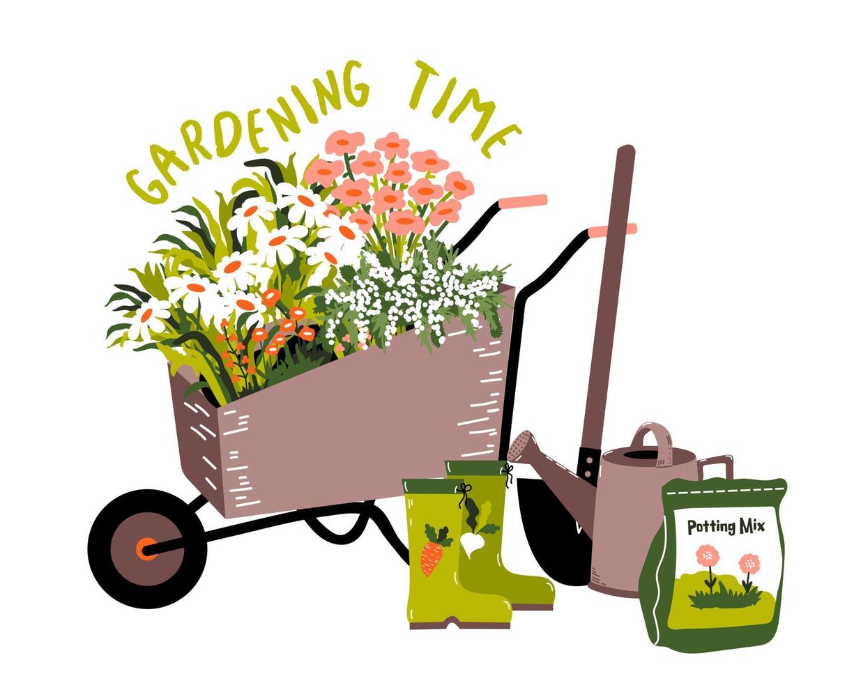 Gardening time. Garden tools, wheelbarrow, watering can, plants, vegetables, flowers, rubber boots. Spring concept. Vector illustration