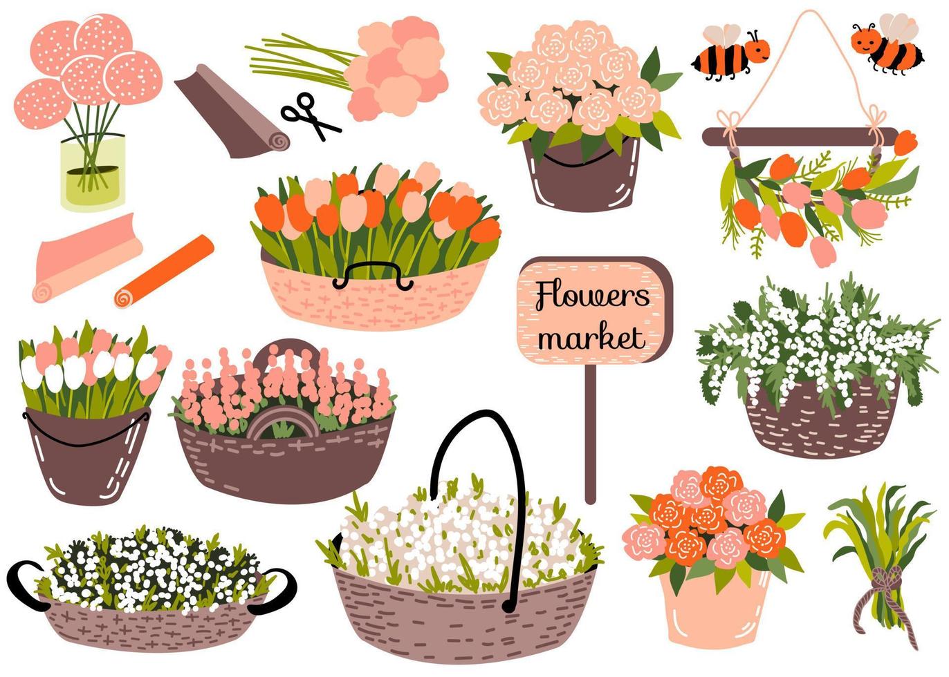 Set with buckets, baskets with different spring flowers - roses, tulips and other, wrapping paper. Wooden board with text Flowers market. Cute bees. Vector illustration
