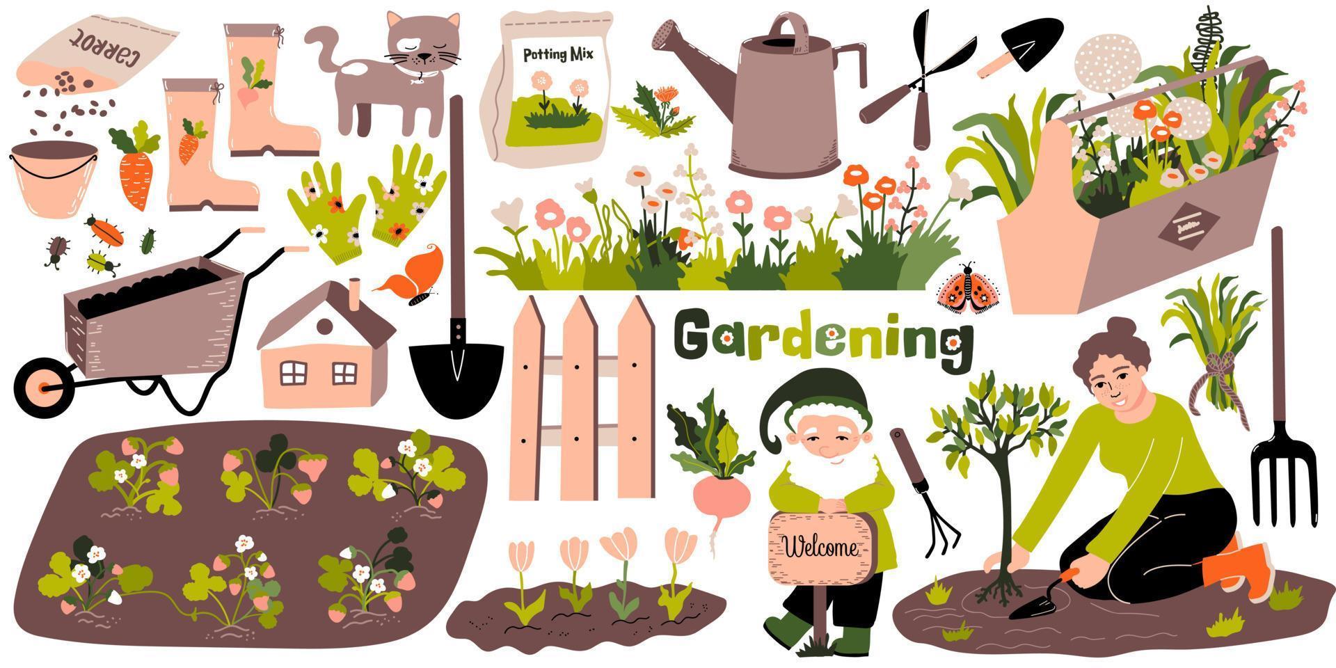 Gardening set. Garden tools, gnome, wheelbarrow, watering can, garden bed with strawberry, cat and plants, vegetables, flowers. A woman plants a tree in the ground. Vector elements and text