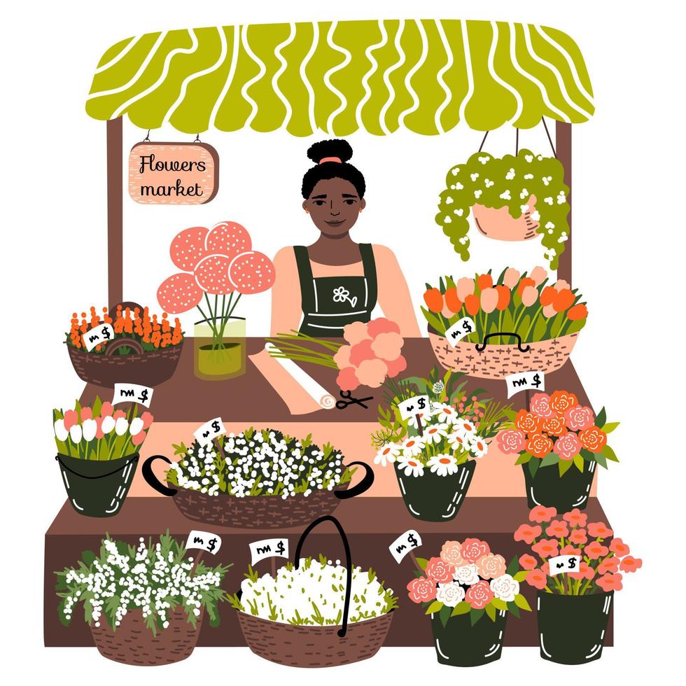 Flowers market. Stall counter with cute woman seller and buckets, baskets with different flowers. Vector illustration