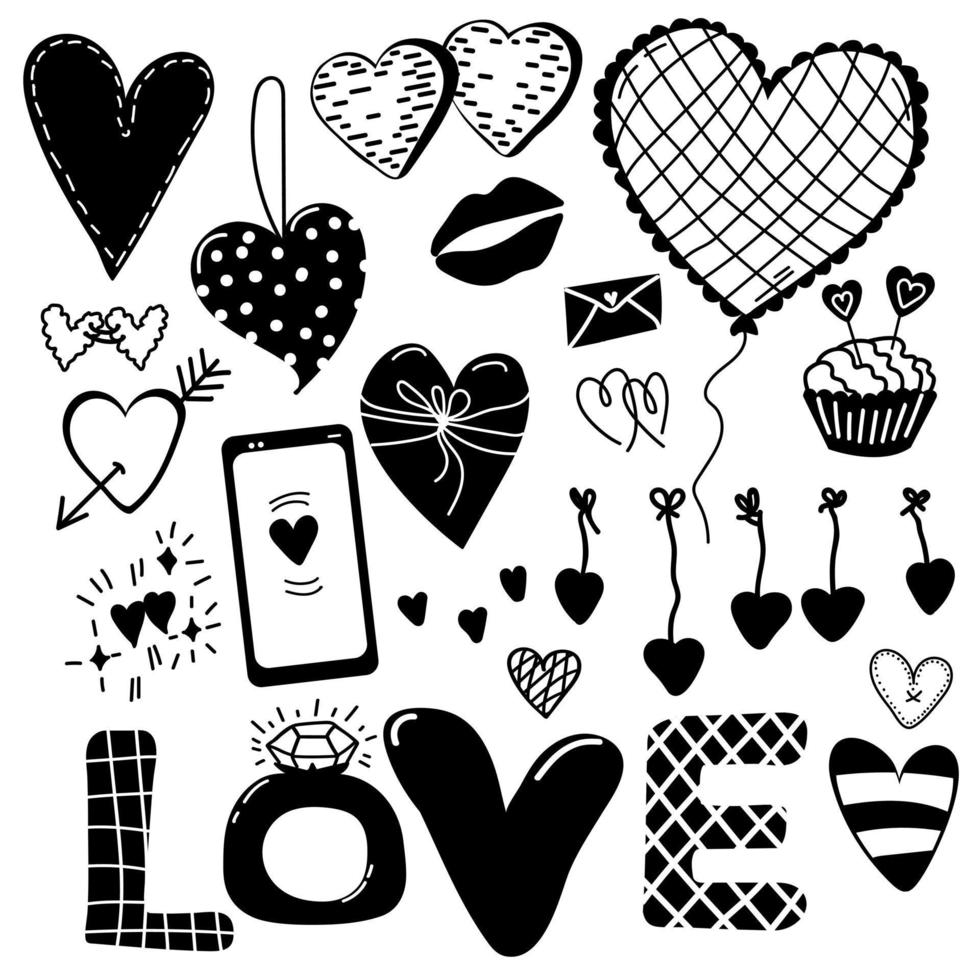 Valentines Day Doodle set. Different black-white hearts, cupcake, smartphone balloon and text LOVE. Vector elements. Perfect for poster or banner, greeting card