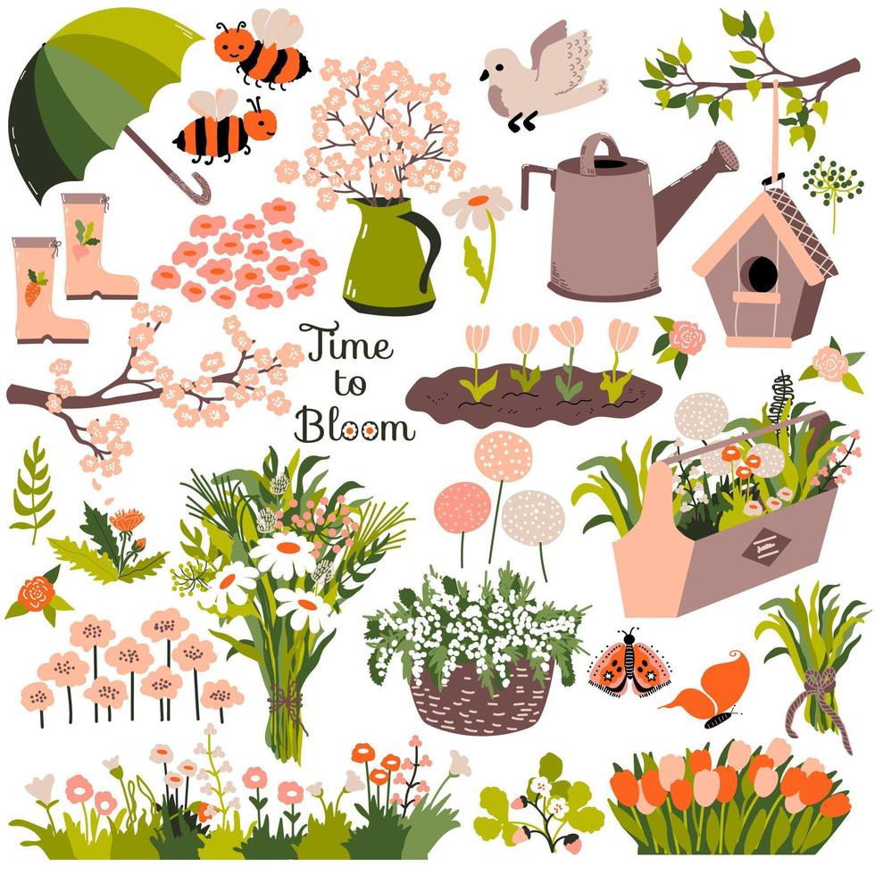 Spring set. Different  flowers, sakura, tulips, roses,  chamomile and plants, cute bumblebee and bird with birdhouse, baskets and gardening decor, umbrella, gumboots  Vector illustration