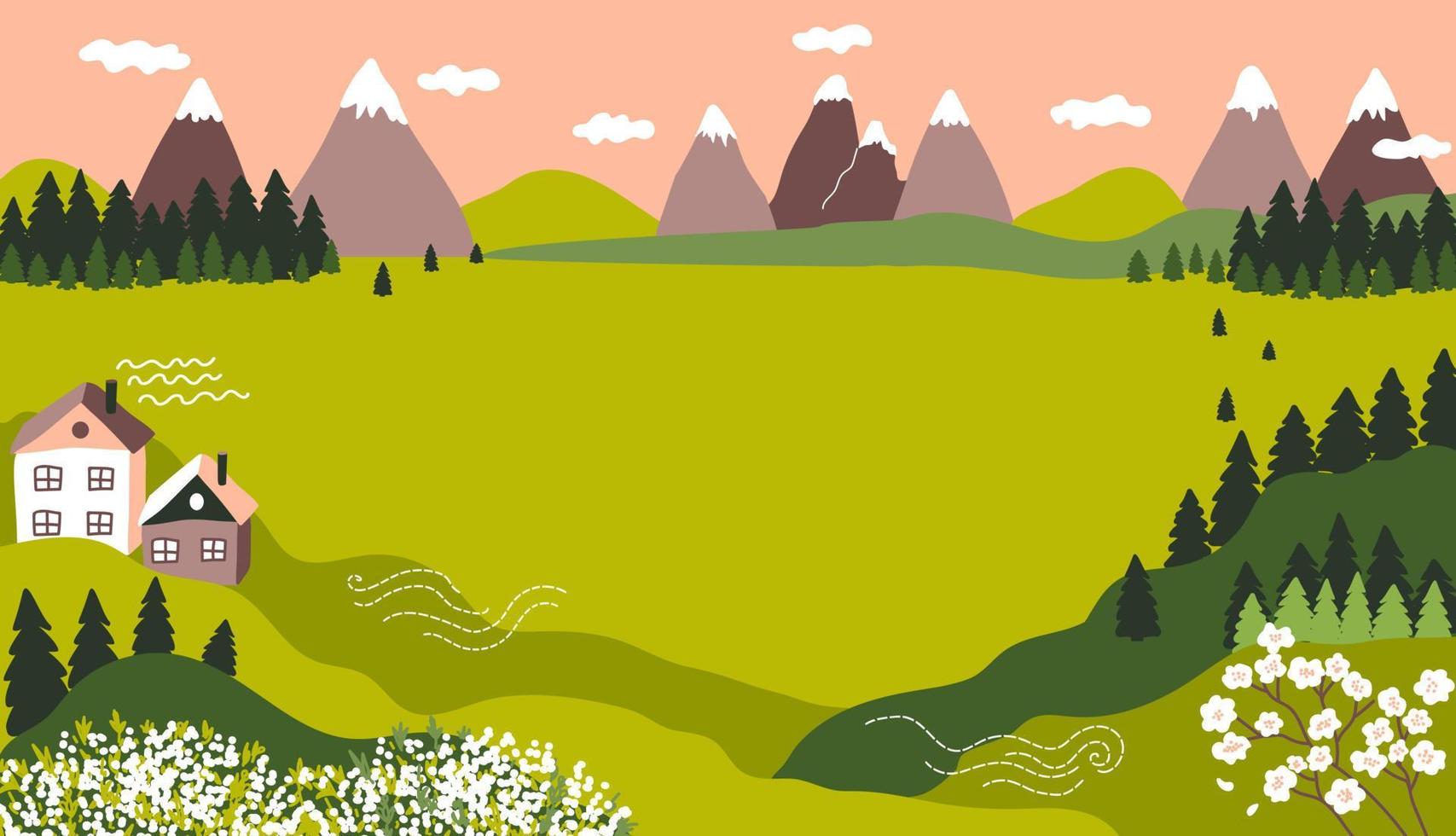 paisaje de primavera. montañas, verdes colinas y prados, abetos, bosques, líneas, curvas y ramas de árboles en flor, casas acogedoras. borde vectorial, marco. vector